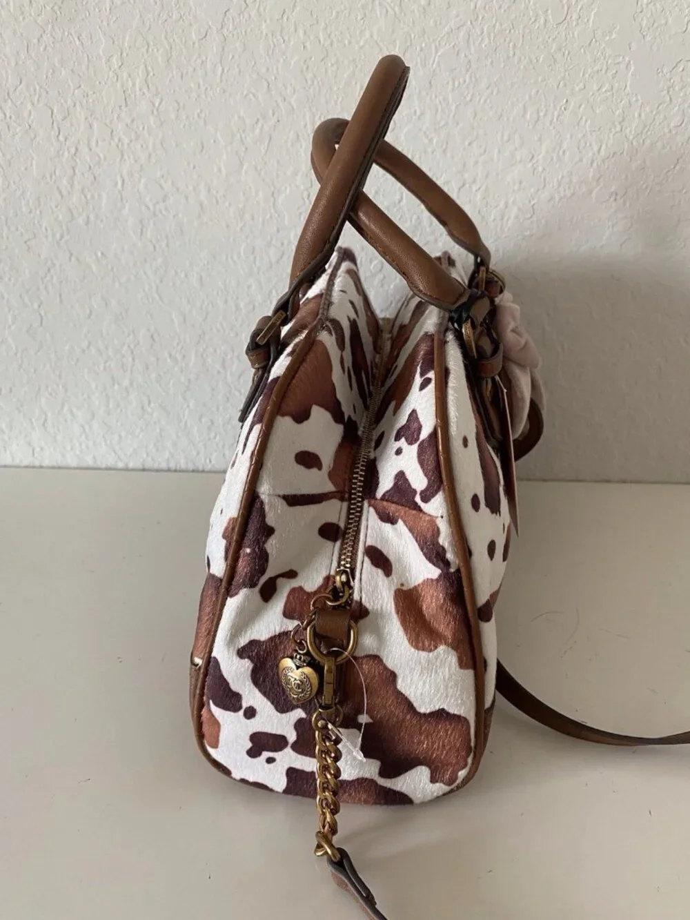 Juicy Couture Romance Cow Print Satchel In‎ Saddle Brown W/Charm Viral NEW